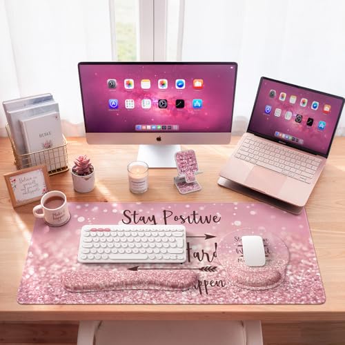 iCasso Mouse Pad,Large Pink Desk Mat Set, 4in1 Back to School XXL Mousepad + Keyboard Wrist Rest+Mouse Wrist Rest+Coaster with Ergonomic Desk Pad for Home Office Computer Cover -Pink Stay Positive - color: 1-Pink Stay Positive