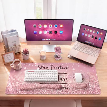 iCasso Mouse Pad,Large Pink Desk Mat Set, 4in1 Back to School XXL Mousepad + Keyboard Wrist Rest+Mouse Wrist Rest+Coaster with Ergonomic Desk Pad for Home Office Computer Cover -Pink Stay Positive - color: 1-Pink Stay Positive