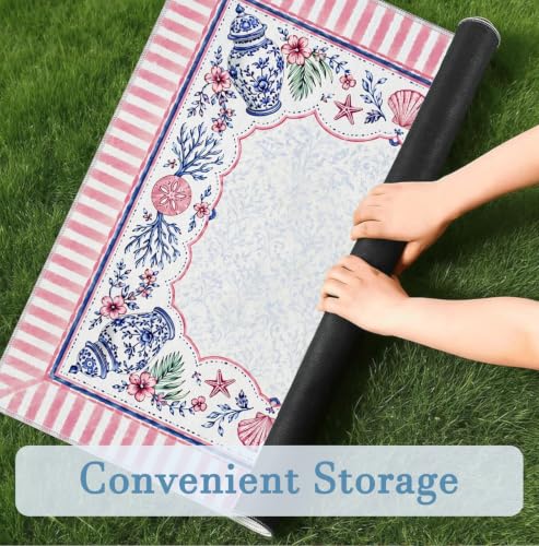 Blue Chinoiserie Coastal Beach Mahjong Mat 31.5x31.5 Inch | Preppy Pink Floral Coastal Starfish Non-Slip Noise Reduction Mah Jong Table Mat Cover Gifts for Mahjong Lovers Dominoes - color: Chinese-style Beach