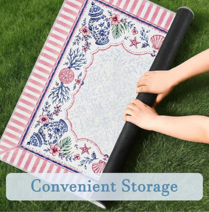 Blue Chinoiserie Coastal Beach Mahjong Mat 31.5x31.5 Inch | Preppy Pink Floral Coastal Starfish Non-Slip Noise Reduction Mah Jong Table Mat Cover Gifts for Mahjong Lovers Dominoes - color: Chinese-style Beach