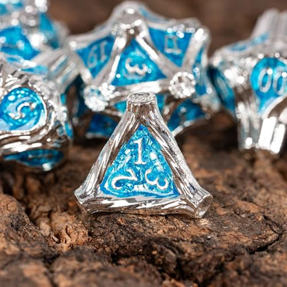 7PCS Metal Dice Set D&D Silver Metal DND Dice for RPG Board Games | Leather Storage Bag, DM Gift, for Dungeons and Dragons Role Playing Games - color: Metal Tree-silverblue