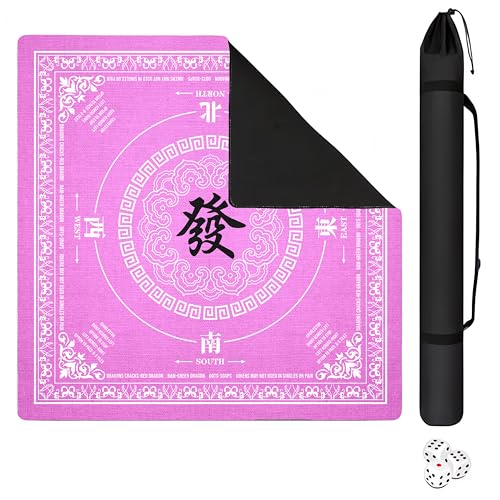 Mahjong Mat with Black Carrying Bag, 31.5"x31.5" Anti-Slip Noise Reduction Gaming Mat for Mahjong, Poker, Board Games, 3 Dice & Black Storage Bag - color: Bright Pink
