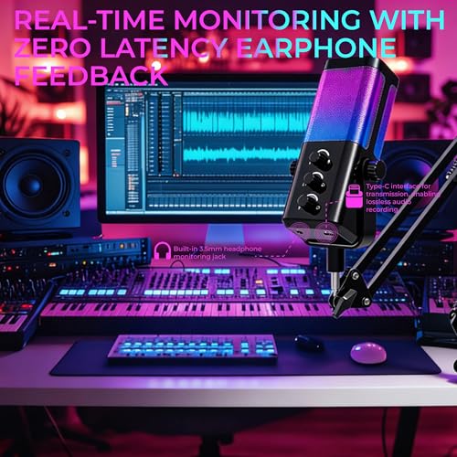 USB Microphone for PC/Gaming，Smart ENC Noise Cancelling & Heart-Shaped Pickup，RGB Lighting & Multi-Knob Control for Streaming/Podcast，with Mic Arm Stand, Black Bracket Style - style: bracket type