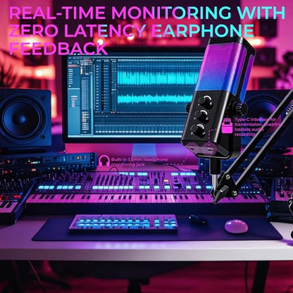 USB Microphone for PC/Gaming，Smart ENC Noise Cancelling & Heart-Shaped Pickup，RGB Lighting & Multi-Knob Control for Streaming/Podcast，with Mic Arm Stand, Black Bracket Style - style: bracket type