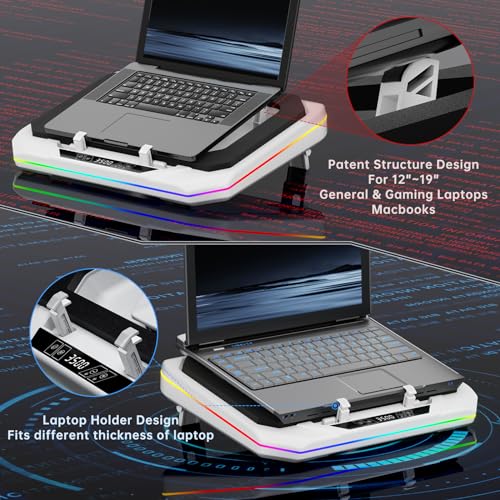 Gaming Laptop Cooling Pad with 3500 RPM Powerful Turbofan, RGB Laptop Cooler Stand with 3 USB Ports, Ergonomic Adjustable Height Laptop Fan for 12-19 Inch Notebooks, Office & Gaming