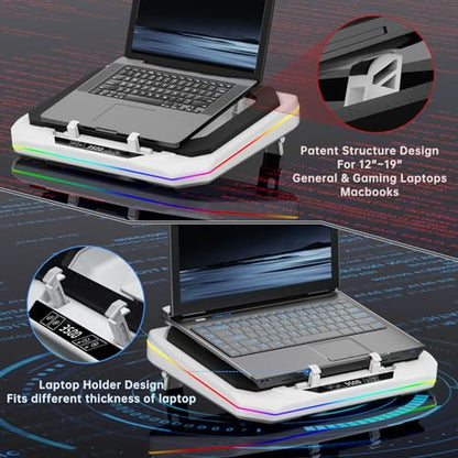 Gaming Laptop Cooling Pad with 3500 RPM Powerful Turbofan, RGB Laptop Cooler Stand with 3 USB Ports, Ergonomic Adjustable Height Laptop Fan for 12-19 Inch Notebooks, Office & Gaming