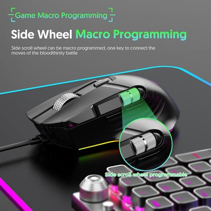 PUSOKEI RGB Gaming Mouse, 11 Programmable Buttons 7 RGB Lighting Modes Ergonomic Design, with 1200 to 12400 DPI 1000Hz Polling Rate and 20 Macro Slots, for PC Computer Gaming