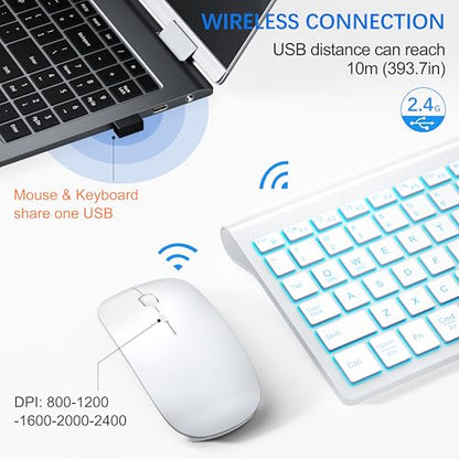 Wireless Backlit Keyboard and Mouse Ultra Slim Combo, TopMate 2.4G Silent Compact 2400DPI Mouse and Scissor Switch Keyboard Set, Batteries Included, for PC/Laptop/Windows/Mac/Gaming - BL Matte White - color: BL Matte White