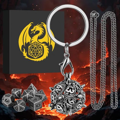 Mini DND Dice Set with D20 Spike Metal Cage Portable Keychain Necklace, Tiny 7pcs Polyhedral D&D Dice Set, DND Gifts with Gift Box, D&D Accessories for RPG, Dark Silver - color: Dark Silver