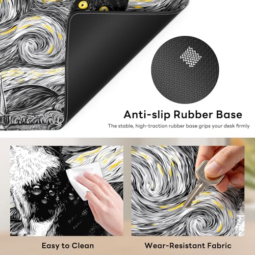 Large Gaming Mouse Pad, XL Desk Protector, Non-Slip Base | 31.5x15.7 in Extended Desk Mat with Stitched Edges for Keyboard, Work, Game, Office, Home PC and Laptop - color: Starry Kitty