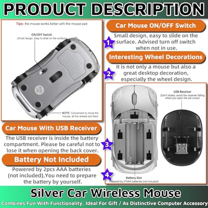 Silver Car Mouse，Computer Mice 2.4G 1600DPI with USB Reciver for Computer Wireless Computer Mouse Wireless Cute Wireless Mouse for Laptop Tablet for Windows Mac OS（Silver） - color: SILVER