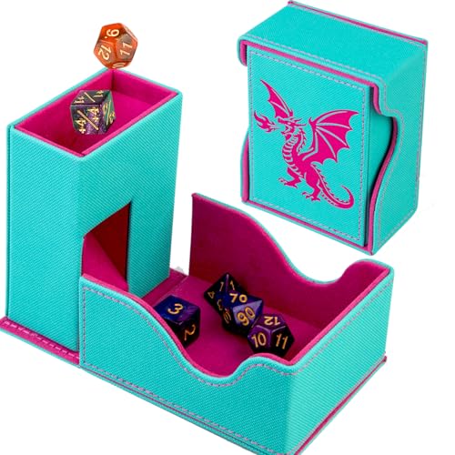 Dice Tower and Tray,Foldable Portable Dice Rolling Tower,Dice Roller Accessory for Dungeons and Dragons,Classic Board Games,RPG Games, and Tabletop Games Turquoise/Pink - color: Turquoise/Pink（red Dragon）