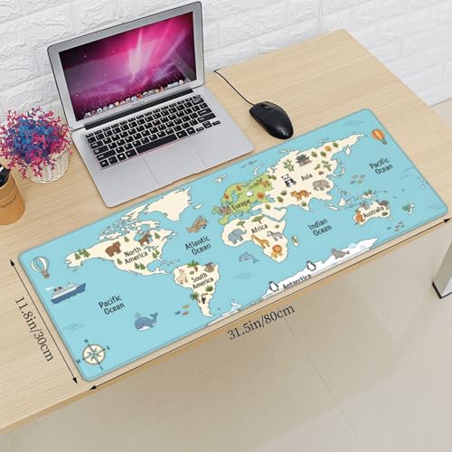 World Map Animals Gaming Mouse Pad, Large Extended Desk Mat (31.5x11.8 in), Non-Slip Rubber Base Stitched Edges Mousepad for Work Office Gaming School - color: 18