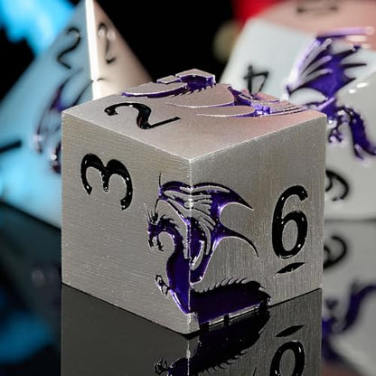 Metal Dice Set,7-Piece Dragon Dice for DND and RPGs,Silver Purple | Heavy zinc alloy polyhedral dragon dice with easy-to-read numbers and a magnetic gift box for fantasy tabletop RPG games. - color: Matte Silver With Purple