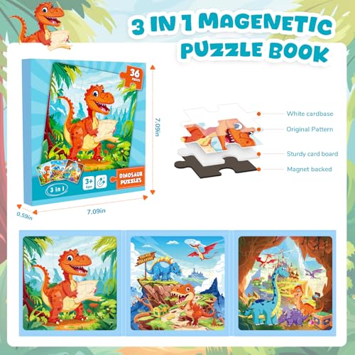 Magnetic Jigsaw Puzzles for Toddlers Kids 3-8 Boys,(3 36-Pieces) Travel Puzzles Toys for Kids Ages 4-6,Take-Along Car Airplane Road Trip Activities Game for 3 4 5 6 7 8 Year Old Birthday Gift - style: Dinosaur