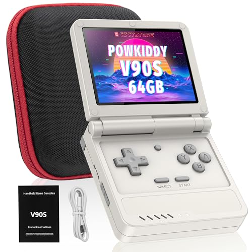 Powkiddy V90S Retro Handheld, 10,000+ Games, 3.5" IPS, Dual TF & Foldable | Open-source Linux, 4-core CPU & 6h battery. Mil-grade hinge (20k flips). Dual TF slots support 512GB for endless retro games - style: Gray