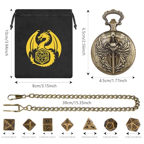 Mini DND Dice Set with Steampunk Paladin Pocket Watch Shell Case, DND Starter Set, 7pcs Polyhedral Mini Metal Dice Set, DND Gifts with Gift Bag, Role Playing Board Game Accessories,Bronze - color: Bronze