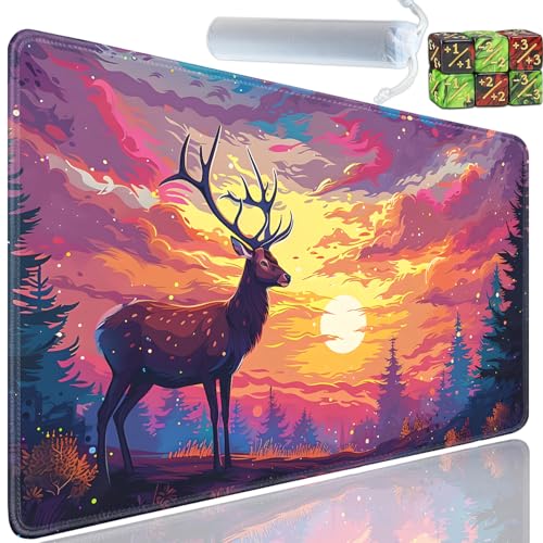 Playmat for MTG, 24x14 Inches Playmats, for TCG and CCG Trading Card Game Mat, Non-Slip Rubber for MTG Playmats with A Storage Bag and 6 Dice Set, Cute Deer Landscape Pattern - color: Yu-Playmat-1-C75