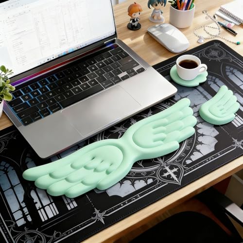 Angel Wing Wrist Rest Ergonomic Memory Foam Wrist Rest for Computer Keyboard Mouse Set with Cup Mat, Cute Gaming Keyboard Cushion Hand Support PU Leather Surface Anti-Slip Waterproof (Green) - color: Green