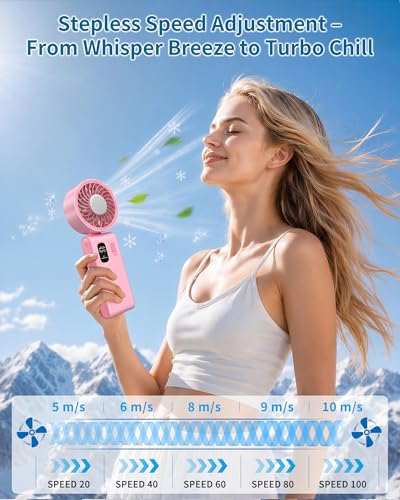 Portable Handheld Fan with Ice Cooling, 100 Speed Rechargeable Mini Desk Fan, Up to 12Hrs Cooling, Powerful Folding Personal Fan for Travel, Camping, Office (Pink) - color: Pink