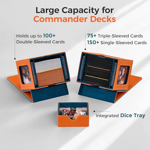 MTG Commander Deck Box with Dual Display Windows and Dice Tray | Fits 100 Double-Sleeved Cards, PU Leather, 2 Magnetic Card Holders, 2 Dividers, Orange & Teal - color: 3. Orange & Teal