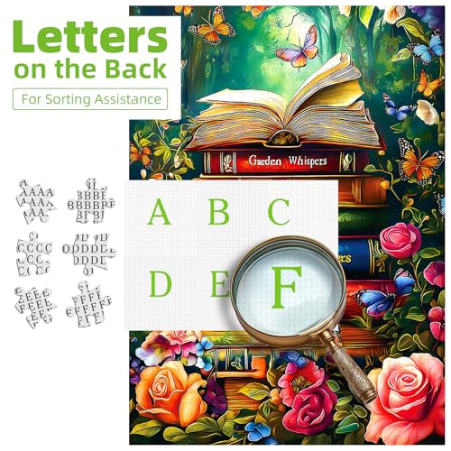 MINIWAN 1000 Piece Magical Garden Whispers Stacked Books Jigsaw Puzzle | 27.5"x19.7", Butterfly Design, Letters on Back, Reference Poster Included, For Adults & Seniors - color: Garden Whispers Book Stack