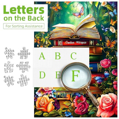 MINIWAN 1000 Piece Magical Garden Whispers Stacked Books Jigsaw Puzzle | 27.5"x19.7", Butterfly Design, Letters on Back, Reference Poster Included, For Adults & Seniors - color: Garden Whispers Book Stack