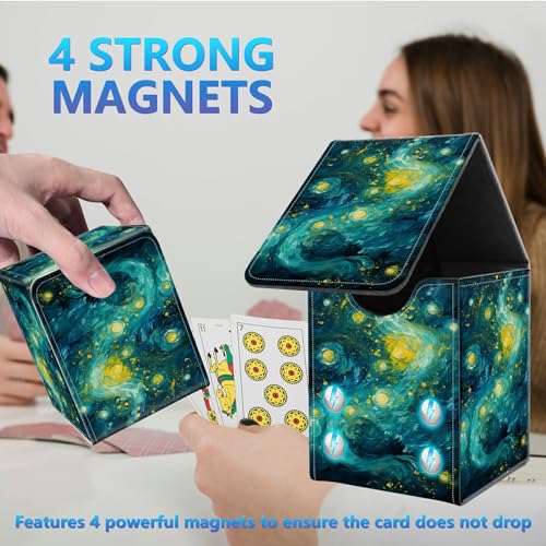 Card Deck Box for Trading Cards,MTG Commander Deck Box Fits 100+ Single Sleeved Cards,Leather Magnetic Card Storage Box for YuGiOh TCG CCG Cards,Green Starry Night - color: Green Starry Night