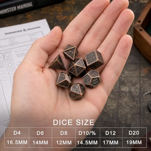 Haxtec Metal DND Dice Set, 7 Pcs Ancient Polyhedral Dice for Table Games | Copper D&D Dice with Leather Bag, Compatible with Dungeons and Dragons, Antique Heavy Metallic, TTRPG Gifts for DND Lovers - color: Copper