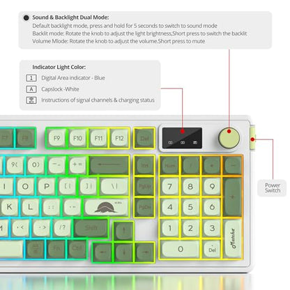 Fogruaden 96% Wireless Green Keyboard with Number Pad and Knob, Mechanical Feel, RGB Quiet Matcha Membrane Gaming Keyboard, Spill-Resistant, 3-Modes USB Rechargeable Silent Creamy Keyboard for Win/Mac - color: Matcha