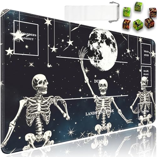 JVGFYNKL for MTG Playmat, 24 x 14 in for TCG Playmat with Zones,Trading Card Game Playmats with Storage Bag and 6 Dice, Black for MTG Table Mat Card Accessories, Skeleton Man Moon - color: JV-Playmat-5K-4-F151