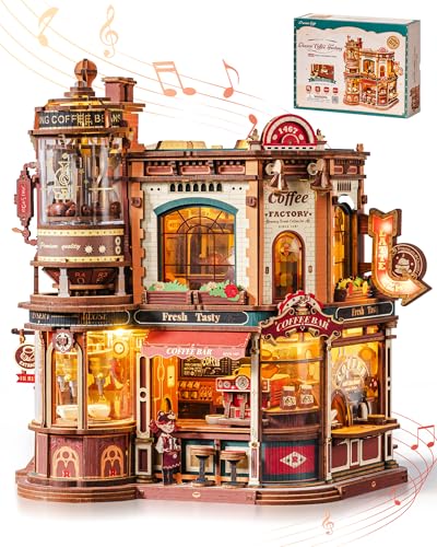 ROBOTIME Moving Coffee Factory 3D Wooden Puzzle for Adults — Mechanical Building Kit with Music Box & Warm LED Lights, 593PCS No-Glue Book Nook Kit, Miniature House Kit Desk Decor, Unique Gift