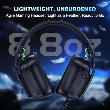 Vakedy Wired Gaming Headset for Xbox,PS5,PS4,PC,Switch, RGB 50mm Drivers | Foldable lightweight frame, plush memory foam cushions, clear chat, quick mute/volume wheel and USB-powered RGB glow - color: Phantom Black