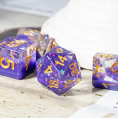Purple DND Dice Set Foil Polyhedral Dice Set D&D for Tabletop Games | Leather Storage Bag, DM Gift, for Dungeons and Dragons Role Playing Games - color: Purple