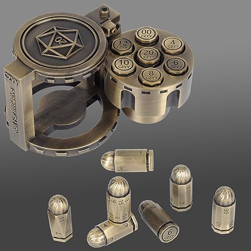 CZYY Metal Polyhedral Bullet Dice Set with Spinning Revolver Cylinder Case | Complete 7-Dice Set, Solid Metal, RPG Fidget Tool, Accessories for DND, Sci-Fi, Western & Tabletop Game Themes, Bronze - color: Bronze