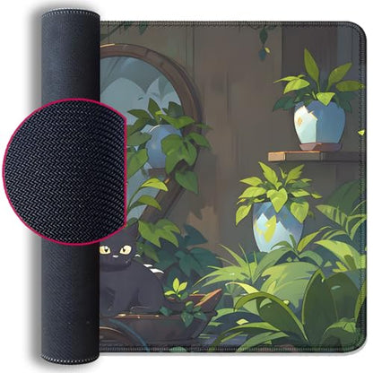 Lofi Cat Mouse Pad Green Plant Desk Pad,Black Cat Extended Gaming Mouse Mat with Stitched Edges Non-Slip Waterproof Rubber Base Mous Mat for Office,Computer,Keyboard,Laptop,Home Desk Pad(27.5X11.8 in) - color: Two Black Cat