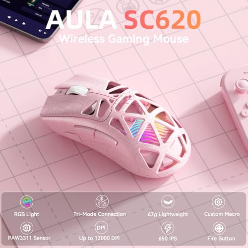 Aula SC620 Wireless Gaming Mouse, Tri-Mode 2.4GHz/USB-C/BT5.3 Computer Mouse with 12000 DPI, Programmable Macro Gamer Mouse with Rapid Fire Key, RGB Light Gaming Mice for PC/Laptop/Mac (Line Pink) - color: Line pink