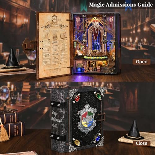 MiniCity Magic Admissions Book Nook Kit, Wooden Miniature House with LED | Open the book-style case to reveal a magic academy; 248-piece LED model includes dust cover, glue/tools and guide, ages 14+. - style: Magic Admissions Guide