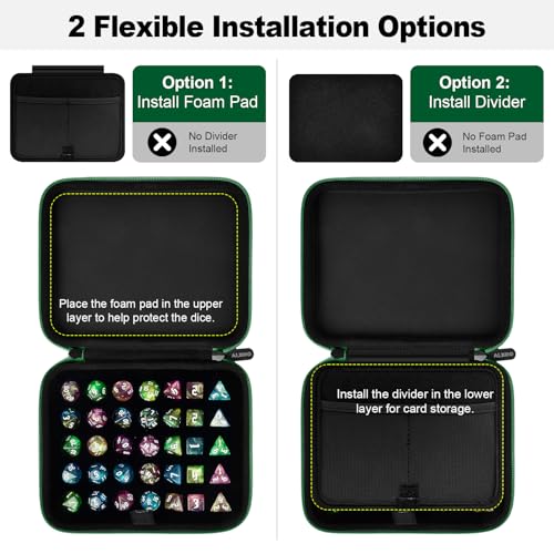 Hard DND Dice Case for 5 Polyhedral Dice Sets, Case Only | Hard shell dice case, holds 5 polyhedral sets, with removable divider and dual mesh pockets for DND/RPG game nights - color: Green
