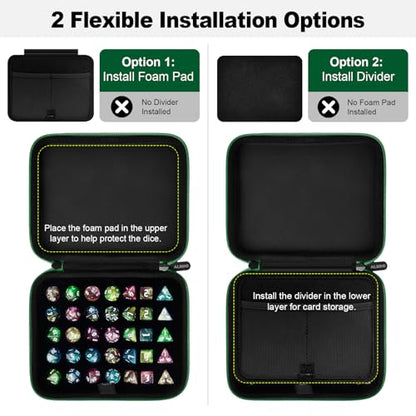 Hard DND Dice Case for 5 Polyhedral Dice Sets, Case Only | Hard shell dice case, holds 5 polyhedral sets, with removable divider and dual mesh pockets for DND/RPG game nights - color: Green