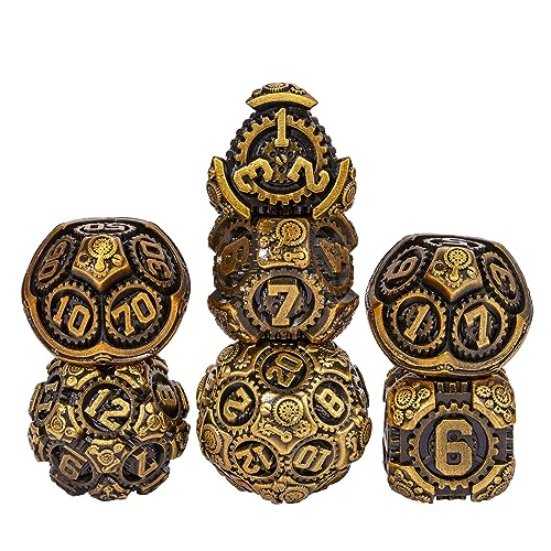 Metal Dice Set D&D, 7-Die DND Dice Metal Gear Dice with Gift Bag for Role Playing Games(Antique Gold) - color: Antique Gold