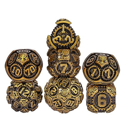 Metal Dice Set D&D, 7-Die Polyhedral DND Dice Metallic Gear Die | PU Leather Bag Compatible with Dungeons and Dragons RPG Tabletop Role Playing Games (Antique Gold) - color: Antique Gold
