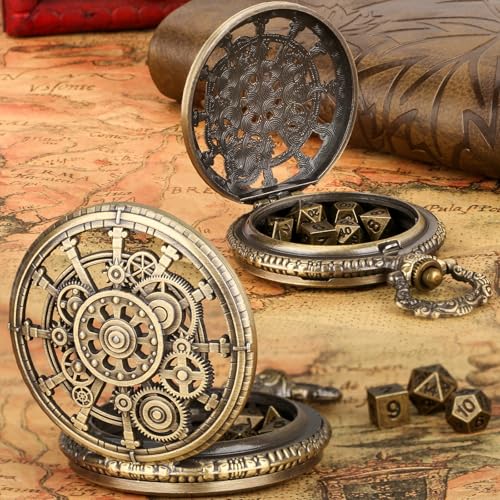 Bronze Hollow Gear Pocket Watch Shell Case with 7pcs Polyhedral Metal Dice, Steampunk Mini DND Dice Set, Table Top Game RPG Accessories, DND Starter Set, D&D Gifts with Leather Bag, Gift for Gamer - color: Bronze
