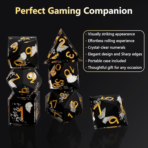 DND Polyhedral Dice Set for Role Playing Gaming with Box, Sticker Sharp Edged Polyhedral Resin DND Dice Set with Beauty Butterfly ＆ Flower Image, D% D20 D12 D10 D8 D6 D4 Dice RPG MTG Gift(Black) - color: Black, style: Butterfly