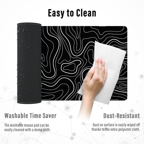 Ovenbird Large Gaming Mouse Pad with Stitched Edges, Topographic Map Topo Mousepad Gaming, Extended XL Large Mousepad with Anti-Slip Base, Cool Mouse Pads for Desk, 31.5 x 11.8 in, Black - color: Black Topo, size: Extended