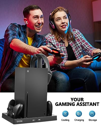 Lictin Cooling Fan Charging Station for Xbox Series X Console & Controller | Upgraded 4 Cooler Fan System Stand, Vertical Dual Charger Station Dock Accessories with 2 x 1400mAh Rechargeable Battery