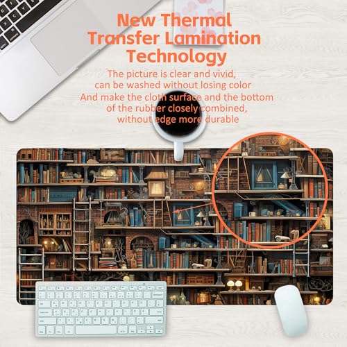 Desk Pad, Fantasy Shelves Desk Mat, Shelves Full of Books Large Gaming Mouse Pad for Desk, 31.5"x15.7" Extended Big Computer Keyboard Mouse Pad with Non-Slip Base and Stitched Edge - color: Fantasy Shelves