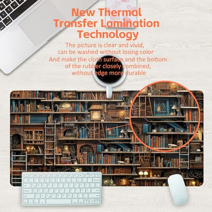 Desk Pad, Fantasy Shelves Desk Mat, Shelves Full of Books Large Gaming Mouse Pad for Desk, 31.5"x15.7" Extended Big Computer Keyboard Mouse Pad with Non-Slip Base and Stitched Edge - color: Fantasy Shelves