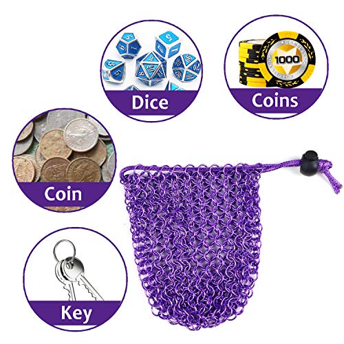 YOUSHARES Chainmail D&D Dice Bag for Dungeons and Dragons Drawstring Stainless Steel Dice Bag Dice Set (Hold 42 DND Dice, Purple) - color: Purple