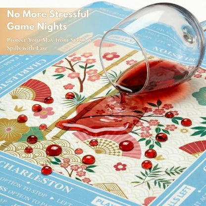 Blue Mahjong Mat for Table, American Mahjong Table Mat with Rules & Bag, Mahjong Gifts, Non-Slip Neoprene Travel Mahjongs Tables Cloth for Poker, Board Card Games, 32.4x32.4 Inch(Chinoiserie)